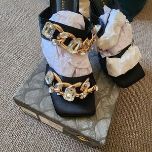 New!! Black Heeled Sandals with Gold Chain & Crystal Accents